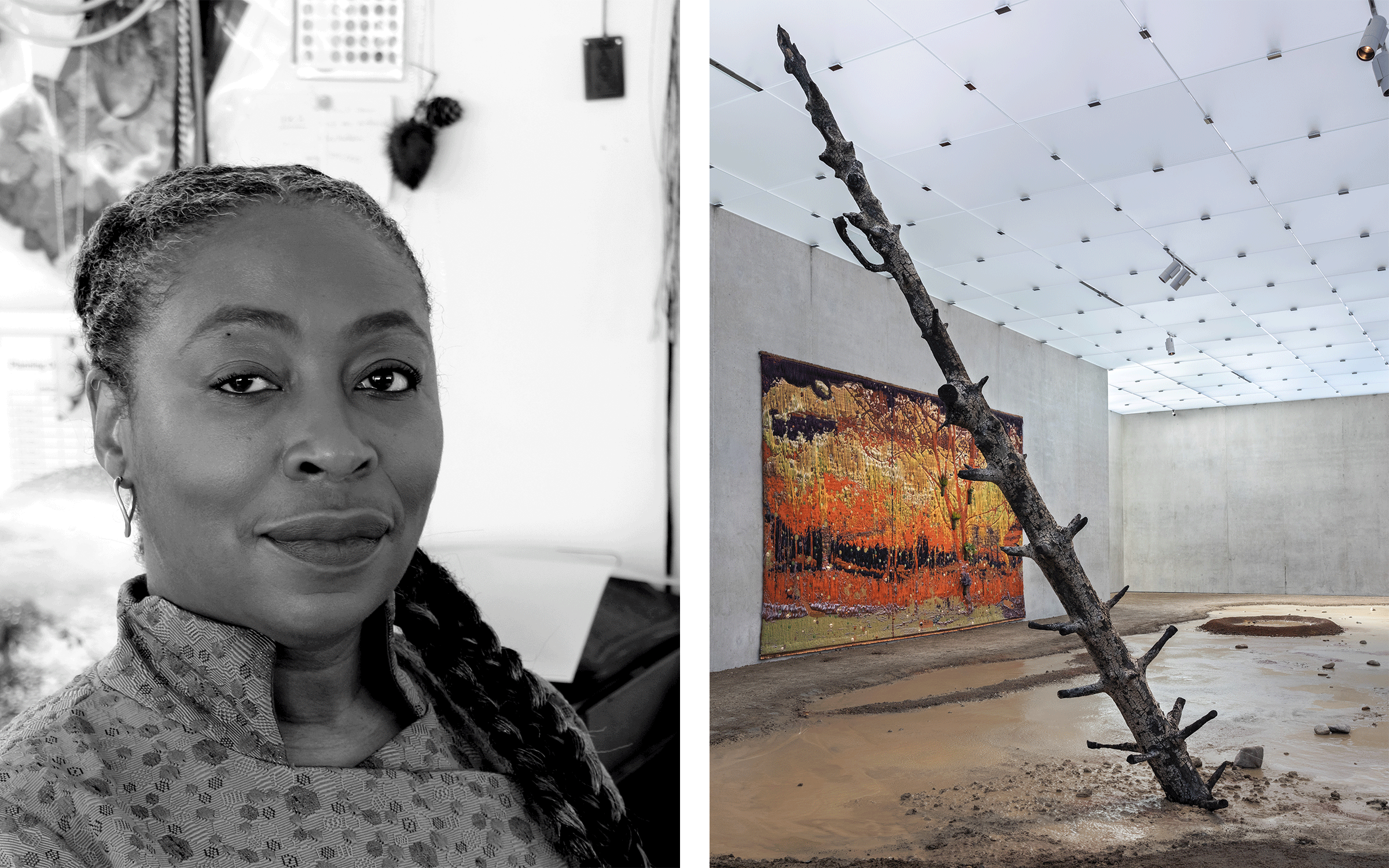 Left: Otobong Nkanga. Photograph by Win van Dongen. Right: Installation View of Otobong Nkanga, Unearthed – Sunlight, Kunsthaus Bregenz, Bregenz, Austria, 2021. Courtesy of the artist.