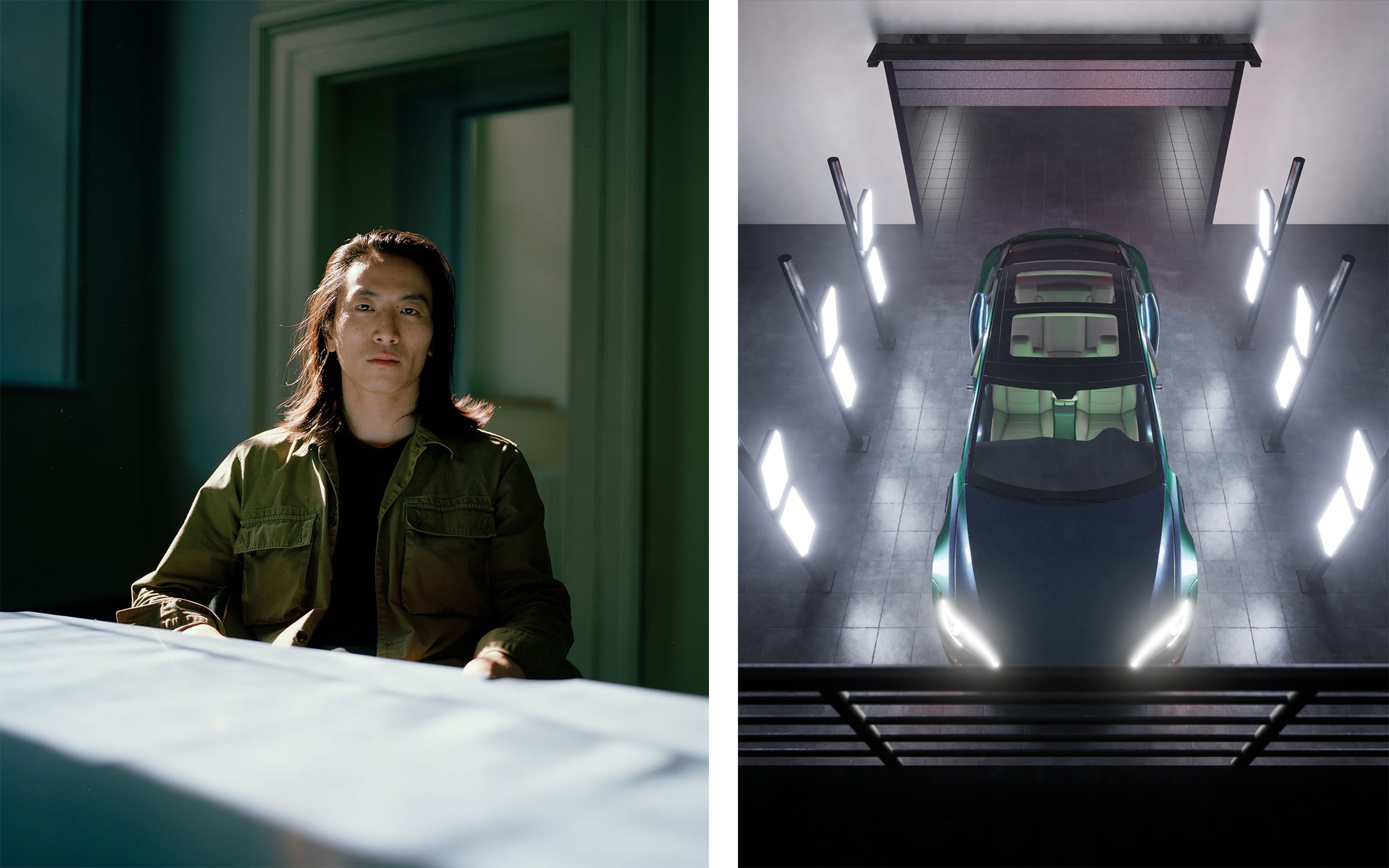 Left: Portrait of the artist. Right: Lawrence Lek, NOX, 2023. Commissioned by LAS Art Foundation. © Lawrence Lek.