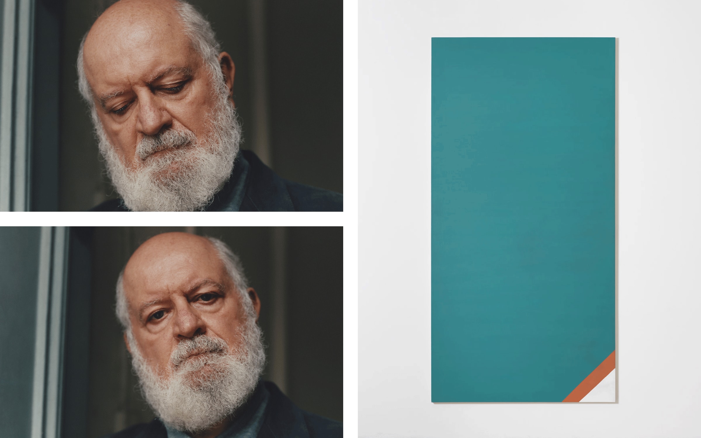 Left: Massimo De Carlo by Bettina Pittaluga for Paris+ par Art Basel, 2022. Right: Olivier Mosset, Corporate, 1987. Courtesy of the artist and Massimo De Carlo.